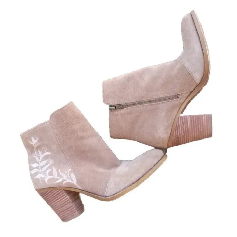 LUCKY BRAND Elenor Suede Embroidered Ankle Boots Tan Leather Womens 11 M Booties